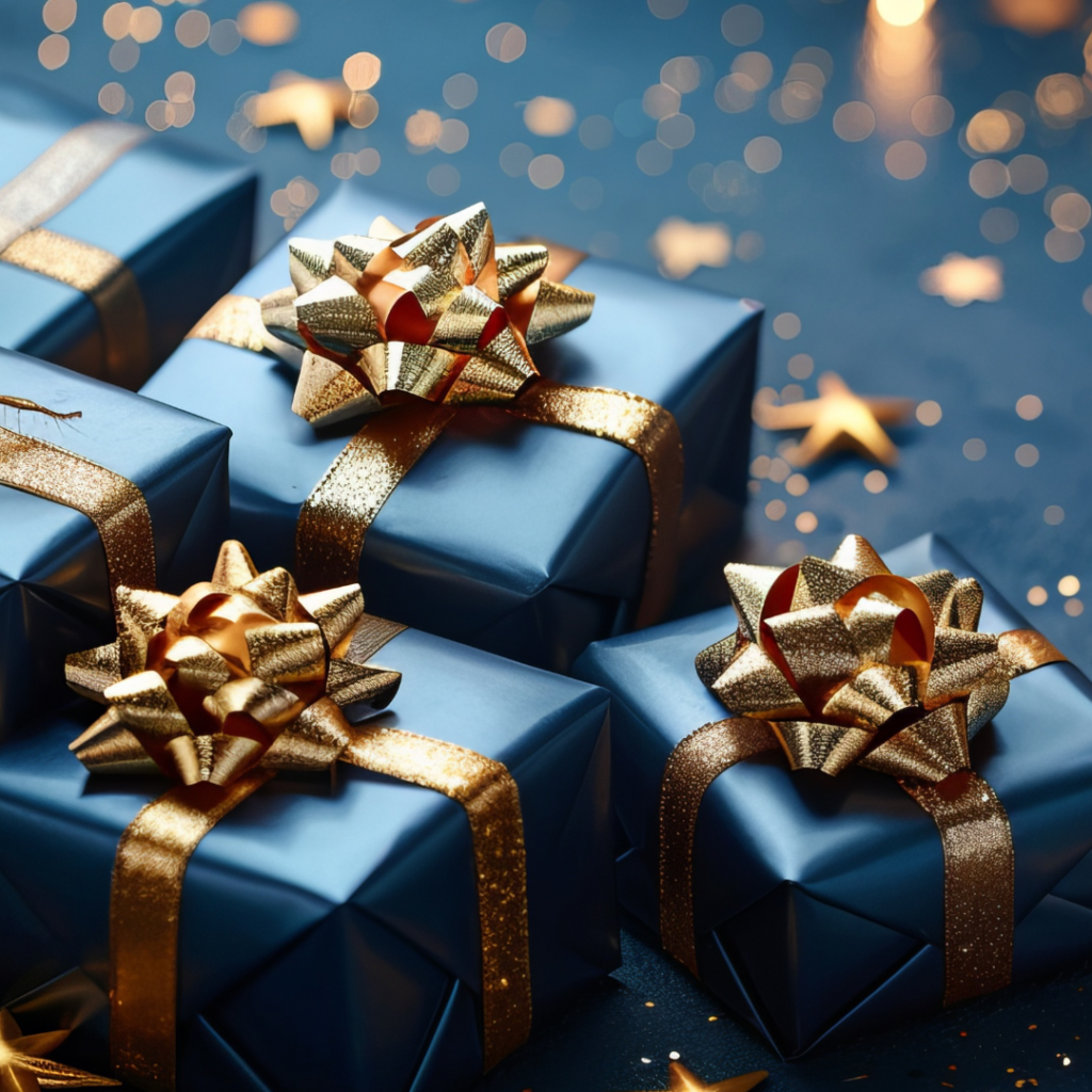Gift boxes wrapped in navy paper and gold ribbons and bows