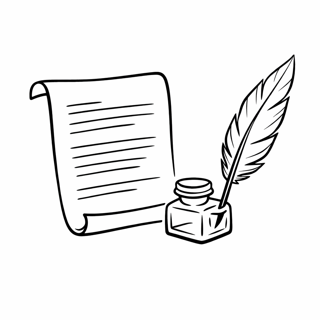 Scroll with writing lines, ink bottle, and feather quill pen