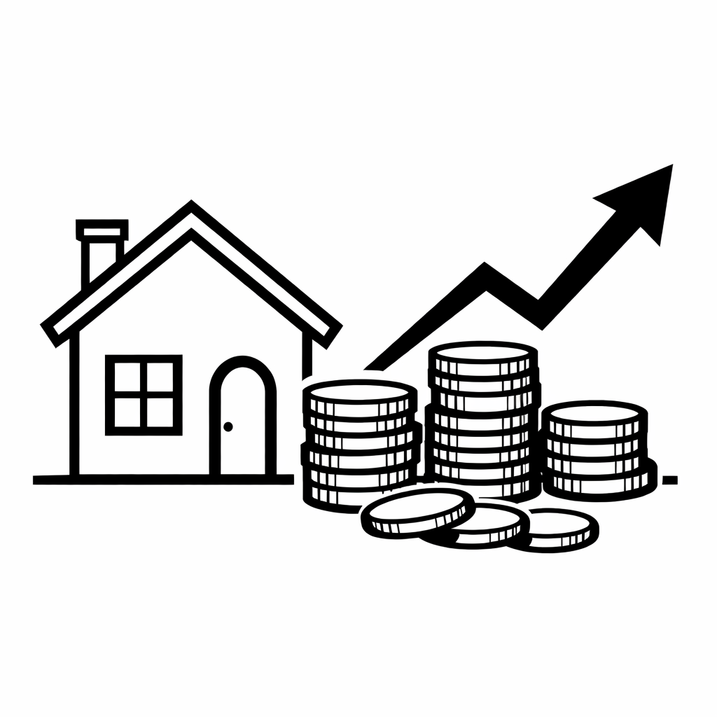 House icon next to piles of coins with an upward trending arrow