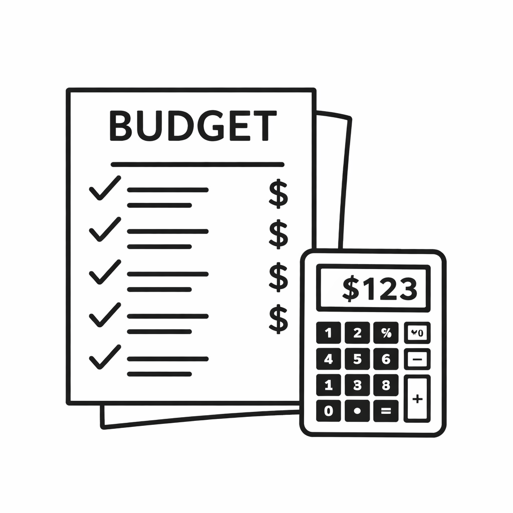 Yellow house icon, budget list with calculator showing $123, and yellow protective gloves