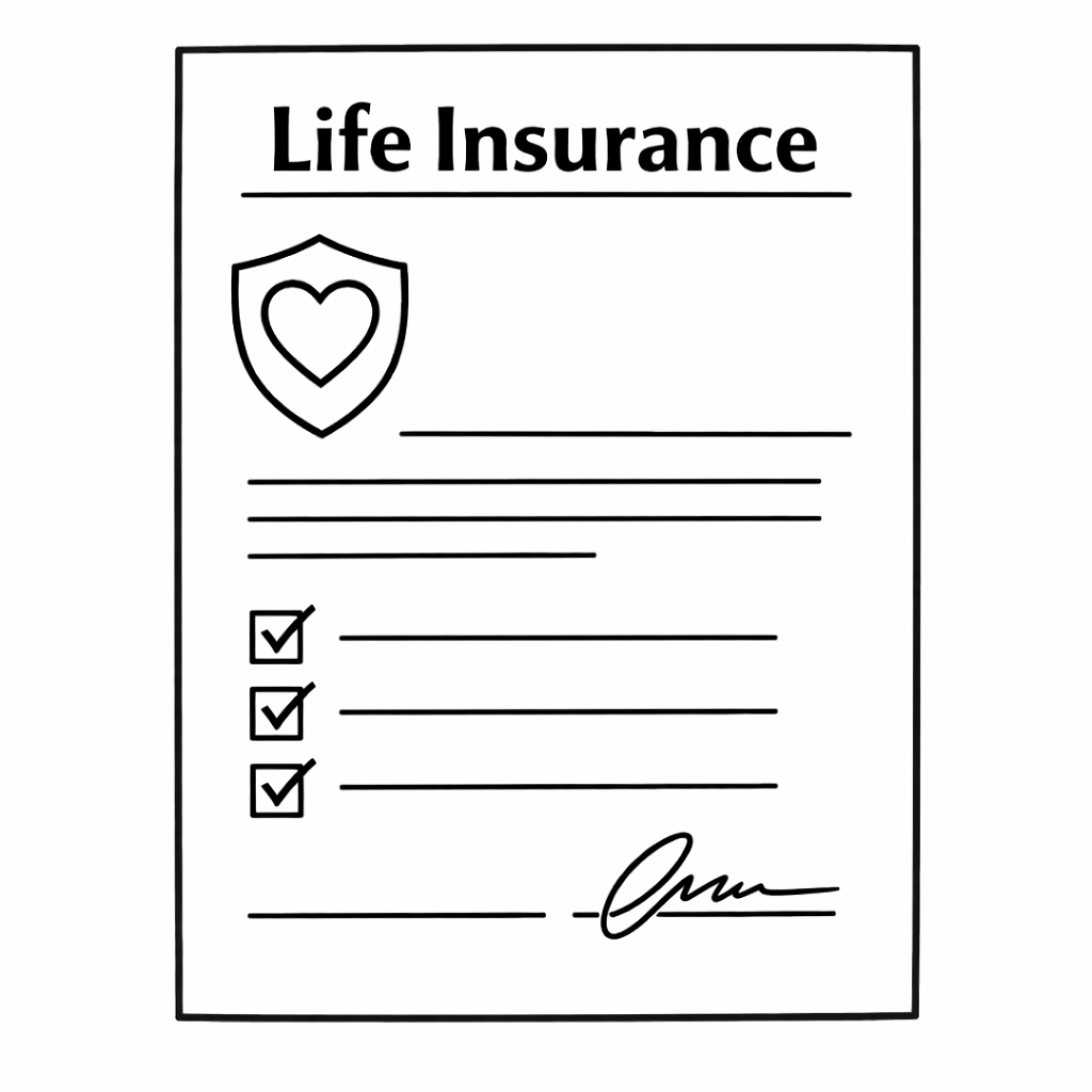 Life insurance document with shield icon, text lines, three checked boxes, and signature line